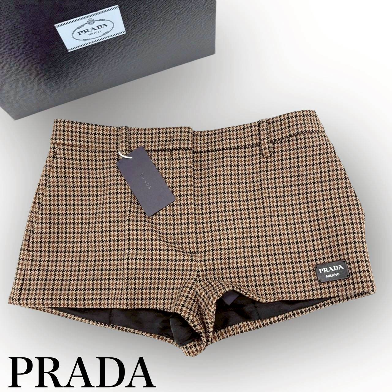 【669-10】PRADA パンツ Houndstooth Check Shorts Tobacco ファイユ ショートパンツ/36 XS/レディース/付属