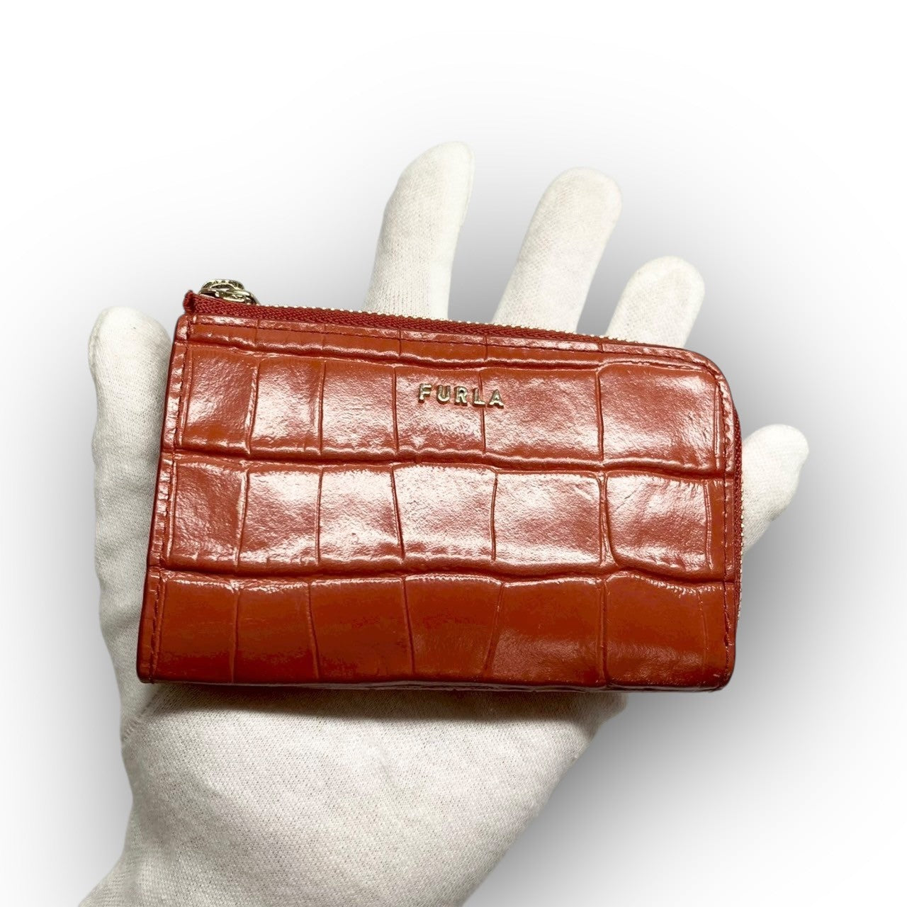 31 FURLA フルラ コインケース キーホルダー付き 型押し オレンジ