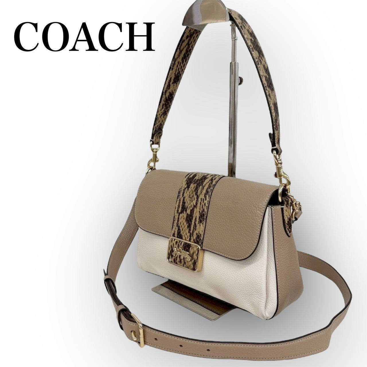 63 COACH コーチ 2way 型押し ショルダーバッグ ベージュ×アイボリー