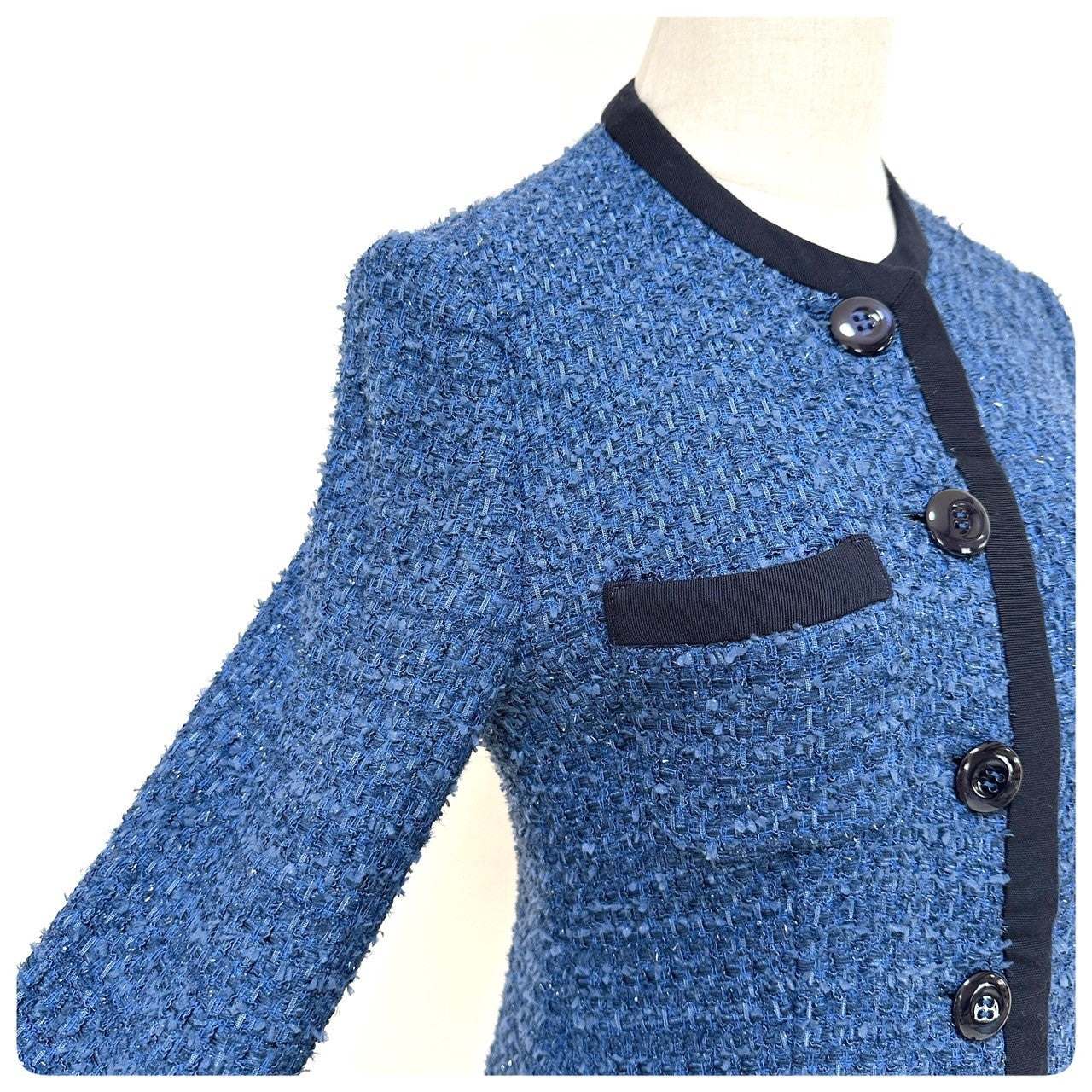 【美品】ARMANI COLLEZIONI ツイード ロング丈 ジャケット カーディガン サイズ40 ブルー 202403-1527