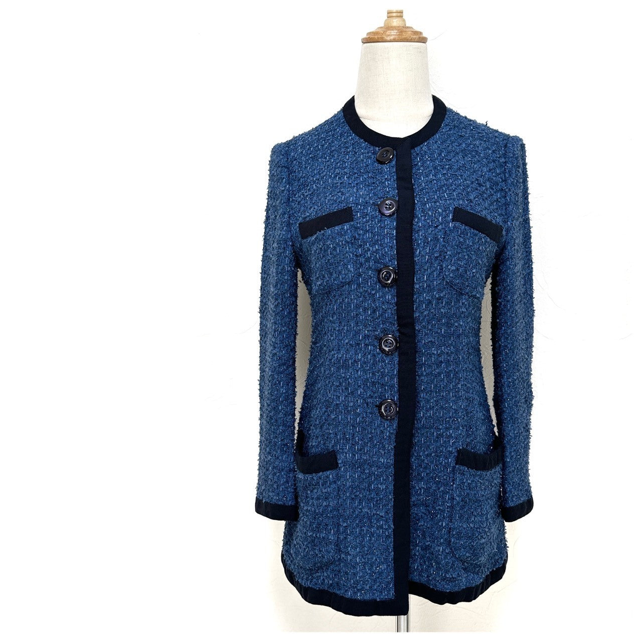 【美品】ARMANI COLLEZIONI ツイード ロング丈 ジャケット カーディガン サイズ40 ブルー 202403-1527