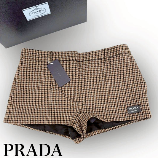 【669-10】PRADA パンツ Houndstooth Check Shorts Tobacco ファイユ ショートパンツ/36 XS/レディース/付属