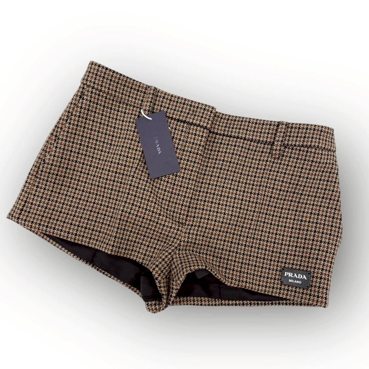 【669-10】PRADA パンツ Houndstooth Check Shorts Tobacco ファイユ ショートパンツ/36 XS/レディース/付属