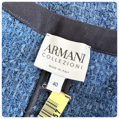 【美品】ARMANI COLLEZIONI ツイード ロング丈 ジャケット カーディガン サイズ40 ブルー 202403-1527
