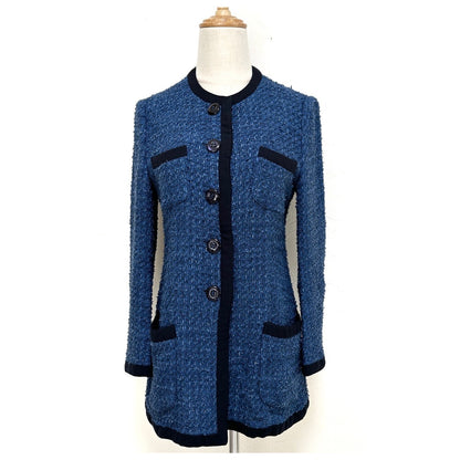 【美品】ARMANI COLLEZIONI ツイード ロング丈 ジャケット カーディガン サイズ40 ブルー 202403-1527