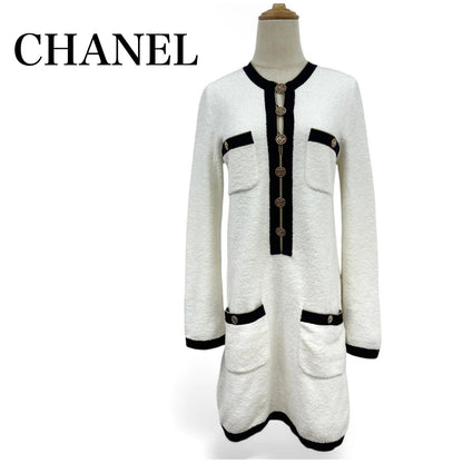 CHANEL コットンパイルニット ココマークボタン バイカラーワンピース サイズ34 ホワイト ブラック