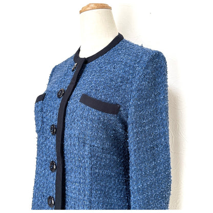 【美品】ARMANI COLLEZIONI ツイード ロング丈 ジャケット カーディガン サイズ40 ブルー 202403-1527