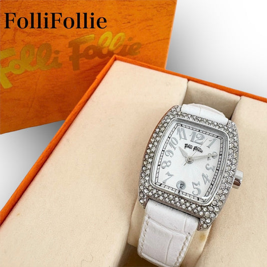 フォリフォリ時計 箱付き シルバー ホワイト レザーベルト ラインストーン 電池切れ