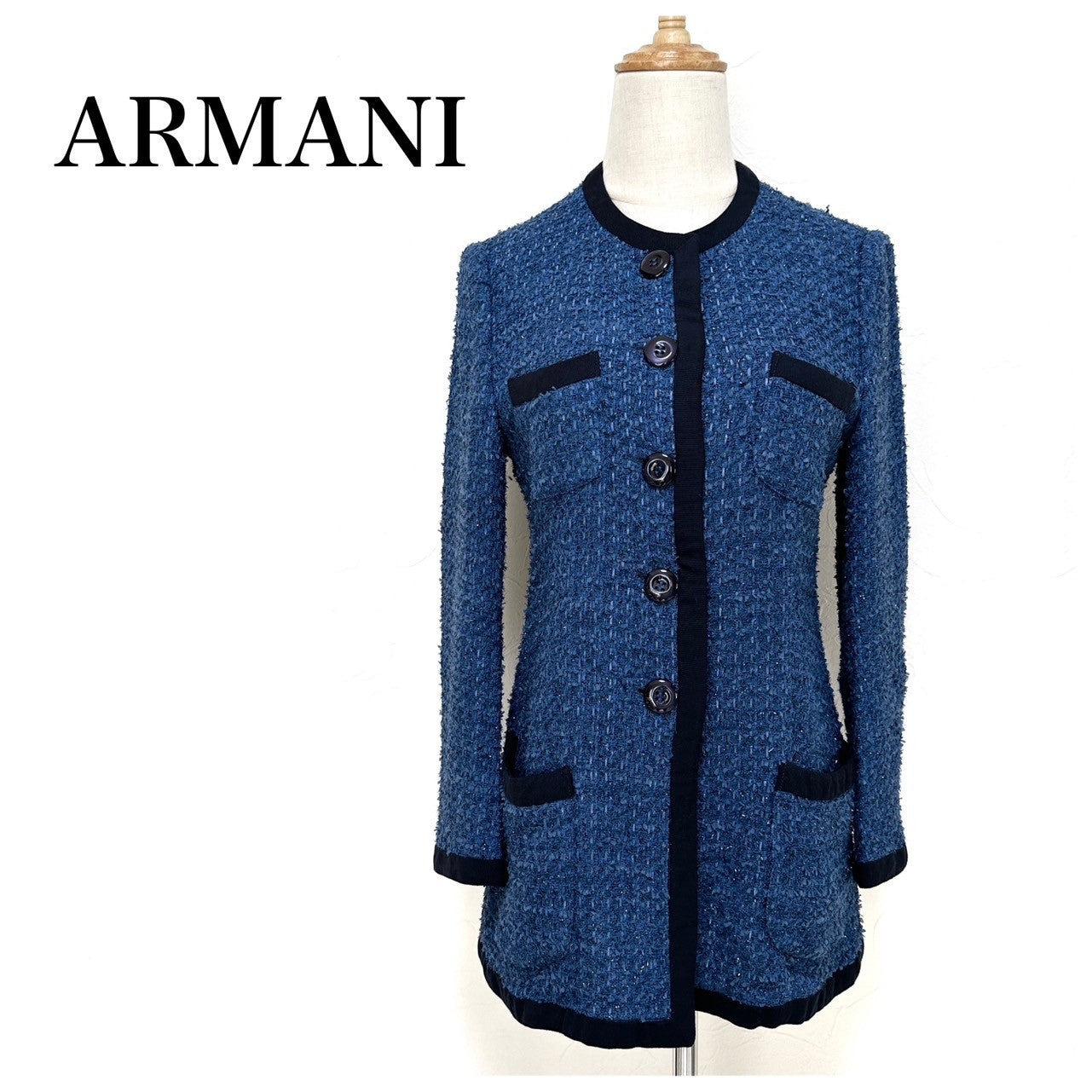 【美品】ARMANI COLLEZIONI ツイード ロング丈 ジャケット カーディガン サイズ40 ブルー 202403-1527