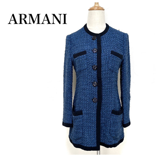 【美品】ARMANI COLLEZIONI ツイード ロング丈 ジャケット カーディガン サイズ40 ブルー 202403-1527