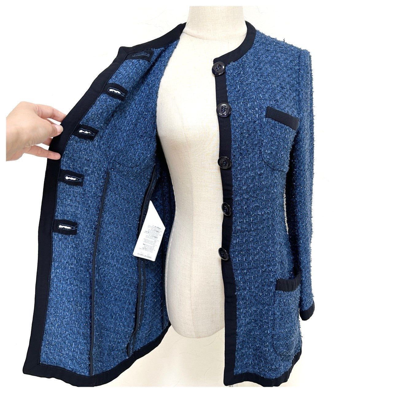 【美品】ARMANI COLLEZIONI ツイード ロング丈 ジャケット カーディガン サイズ40 ブルー 202403-1527