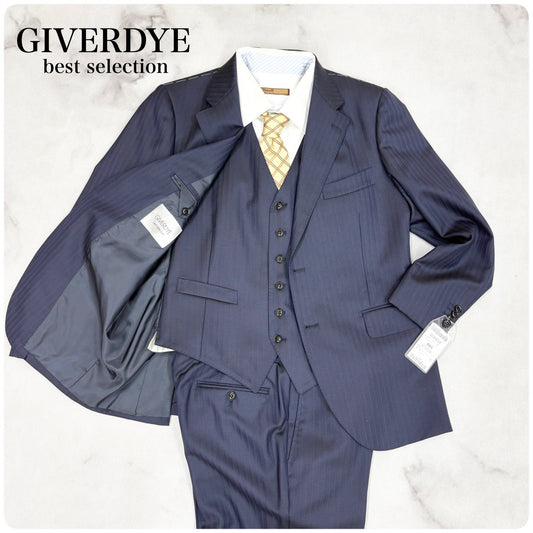 新品 GIVERDYE ジバルディ 3ピース ストライプ ビジネススーツ ネイビー S