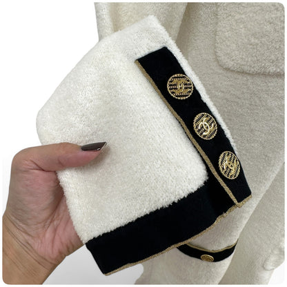 CHANEL コットンパイルニット ココマークボタン バイカラーワンピース サイズ34 ホワイト ブラック