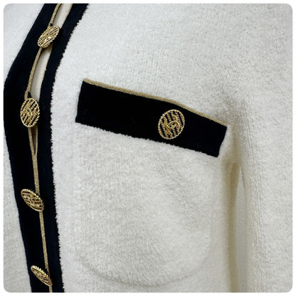 CHANEL コットンパイルニット ココマークボタン バイカラーワンピース サイズ34 ホワイト ブラック