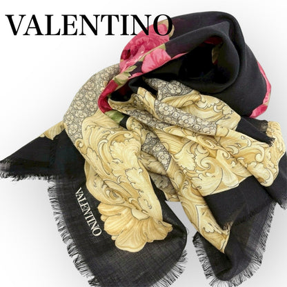VALENTINO ヴァレンチノ スカーフ 花柄 ブラック イエロー 約136cm×約138cm