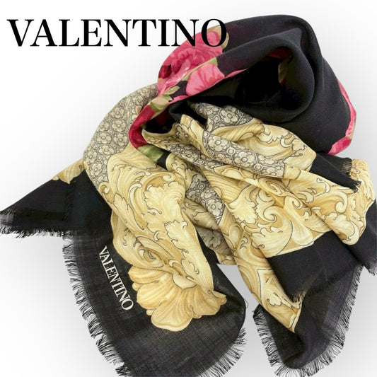 VALENTINO ヴァレンチノ スカーフ 花柄 ブラック イエロー 約136cm×約138cm