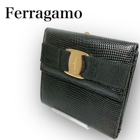 ２１ Ferragamo フェラガモ 三つ折り財布 ヴァラリボン がま口 ブラック