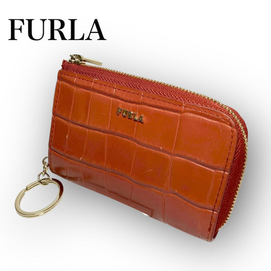 ３１ FURLA フルラ コインケース キーホルダー付き 型押し オレンジ
