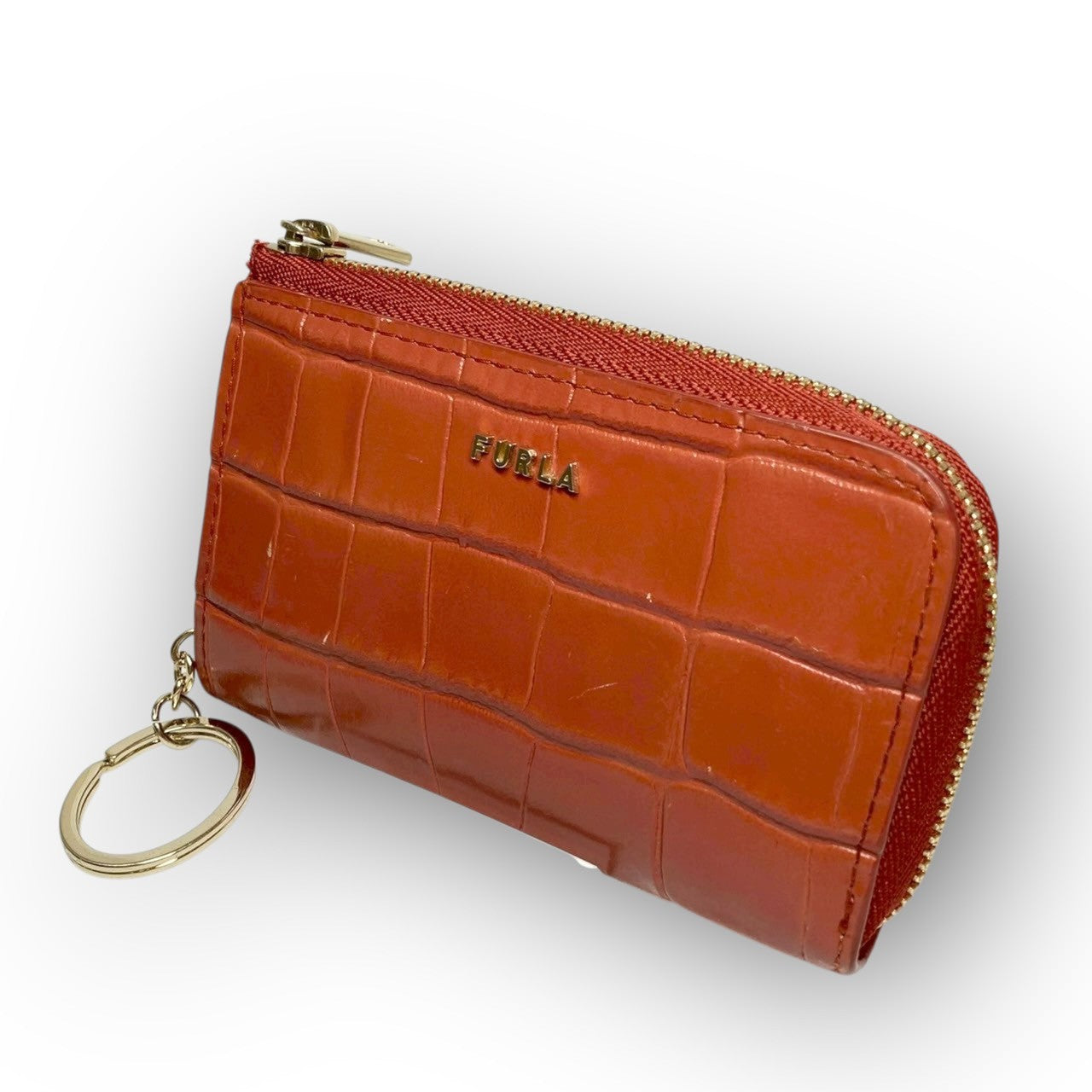 ３１ FURLA フルラ コインケース キーホルダー付き 型押し オレンジ