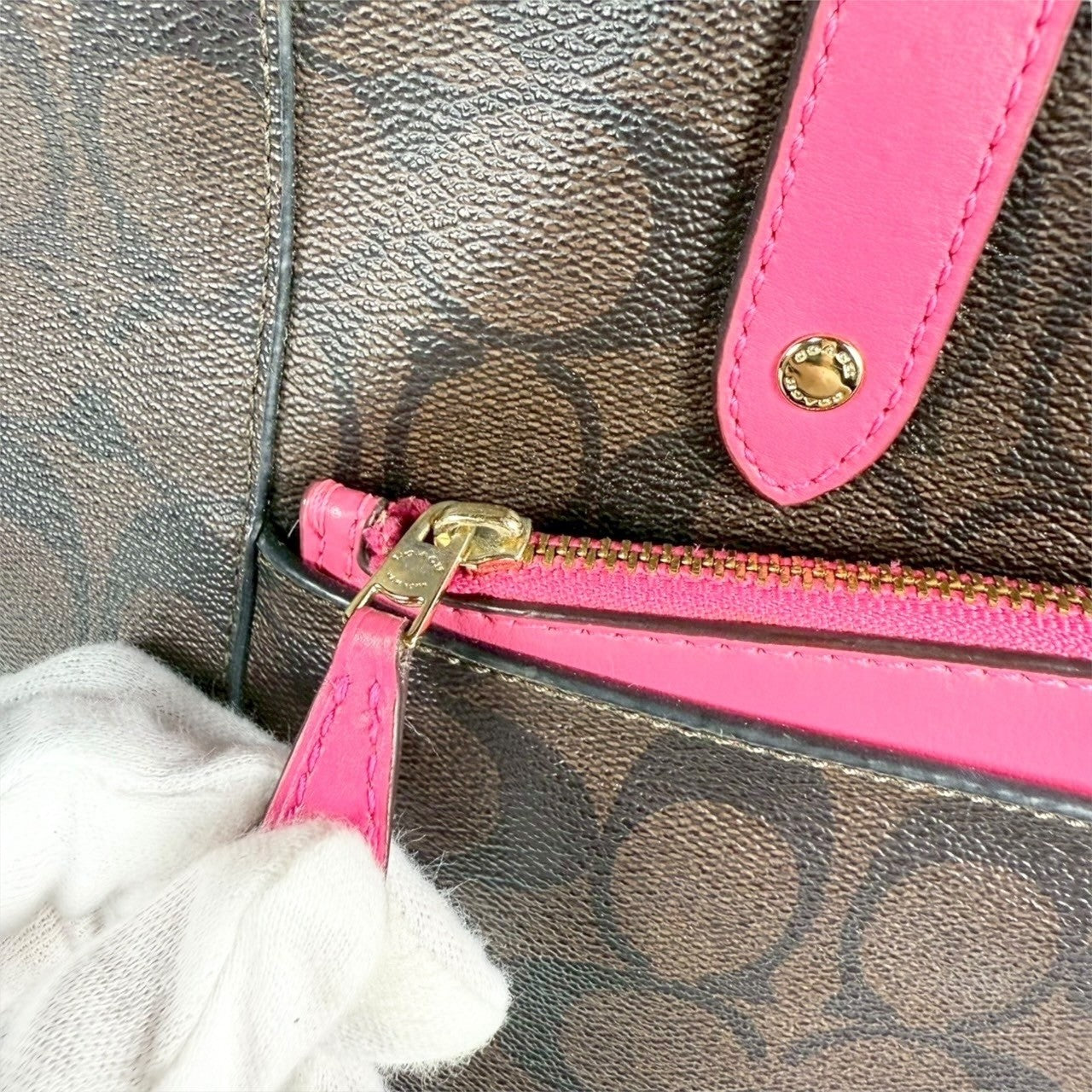 ６２ COACH コーチ トートバッグ シグネチャー ブラウン×ピンク E1747 F23860