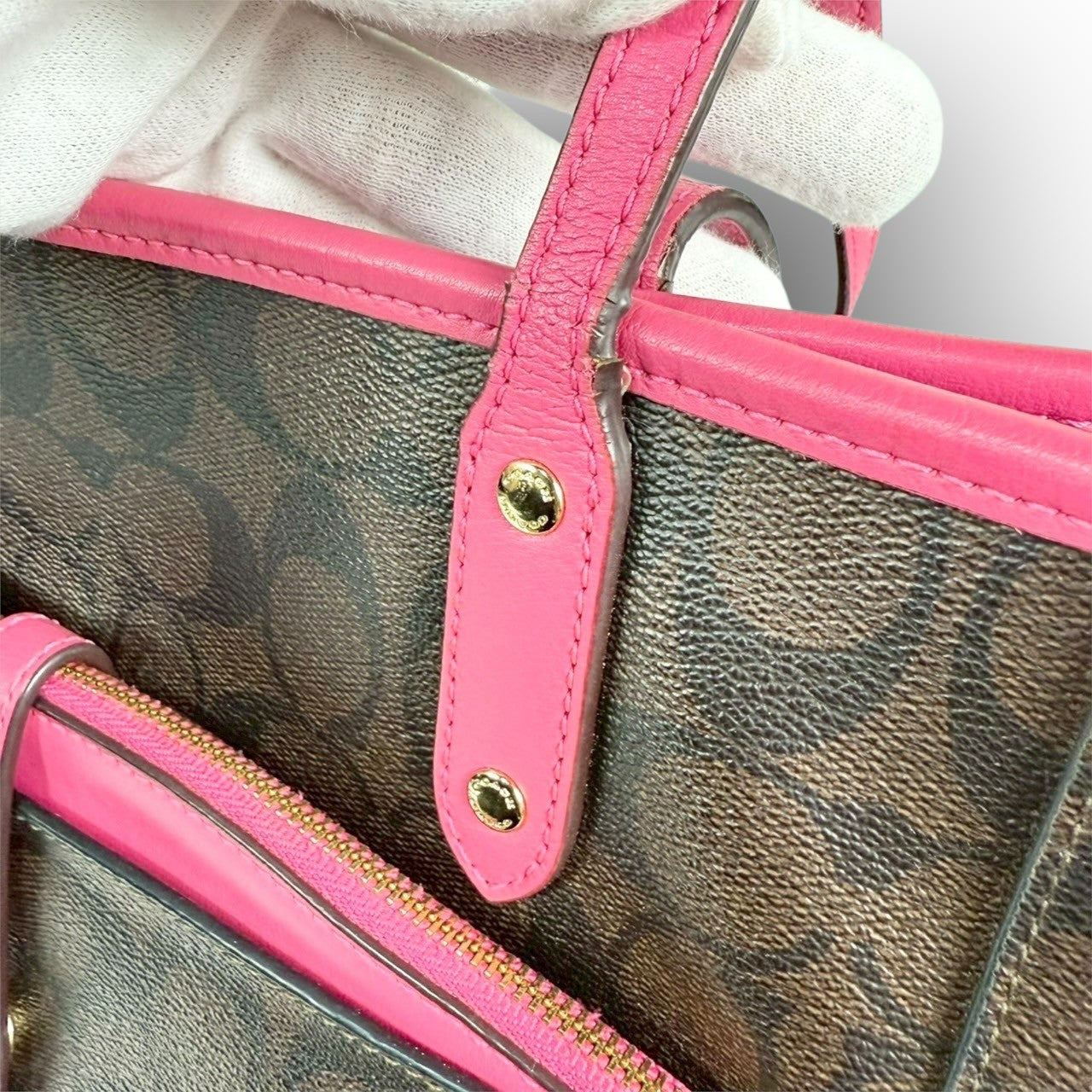 ６２ COACH コーチ トートバッグ シグネチャー ブラウン×ピンク E1747 F23860