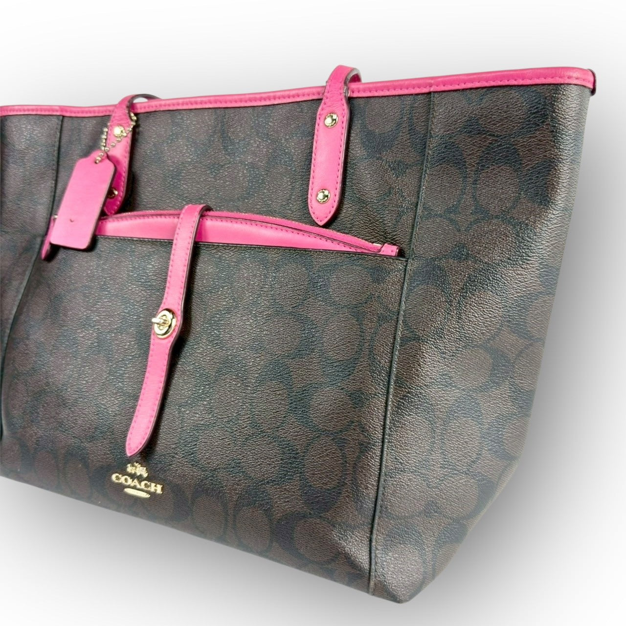 ６２ COACH コーチ トートバッグ シグネチャー ブラウン×ピンク E1747 F23860