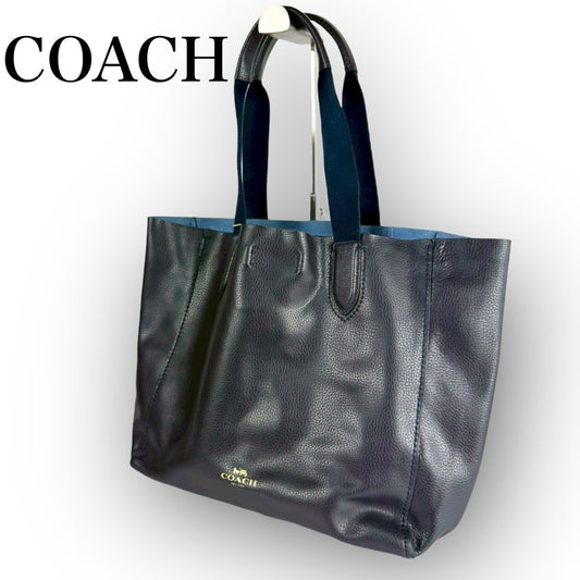 ６８ COACH コーチ トートバッグ ネイビー×ブルー 大容量 レザーB1732 F50818