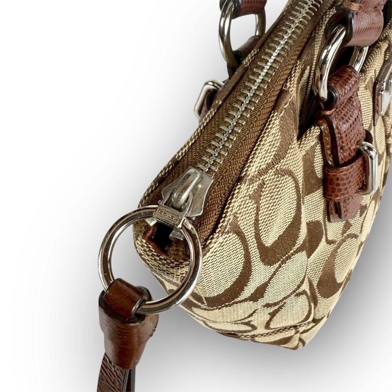８１ COACH コーチ ハンドバッグ ミニバッグ シグネチャー ブラウン