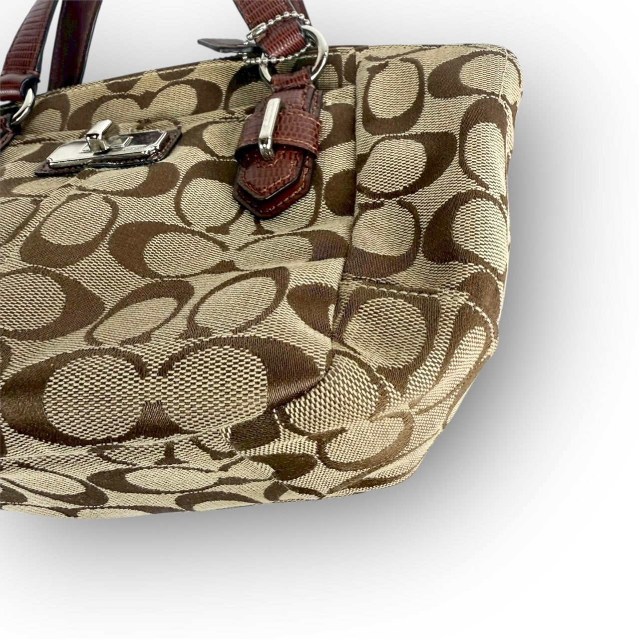８１ COACH コーチ ハンドバッグ ミニバッグ シグネチャー ブラウン