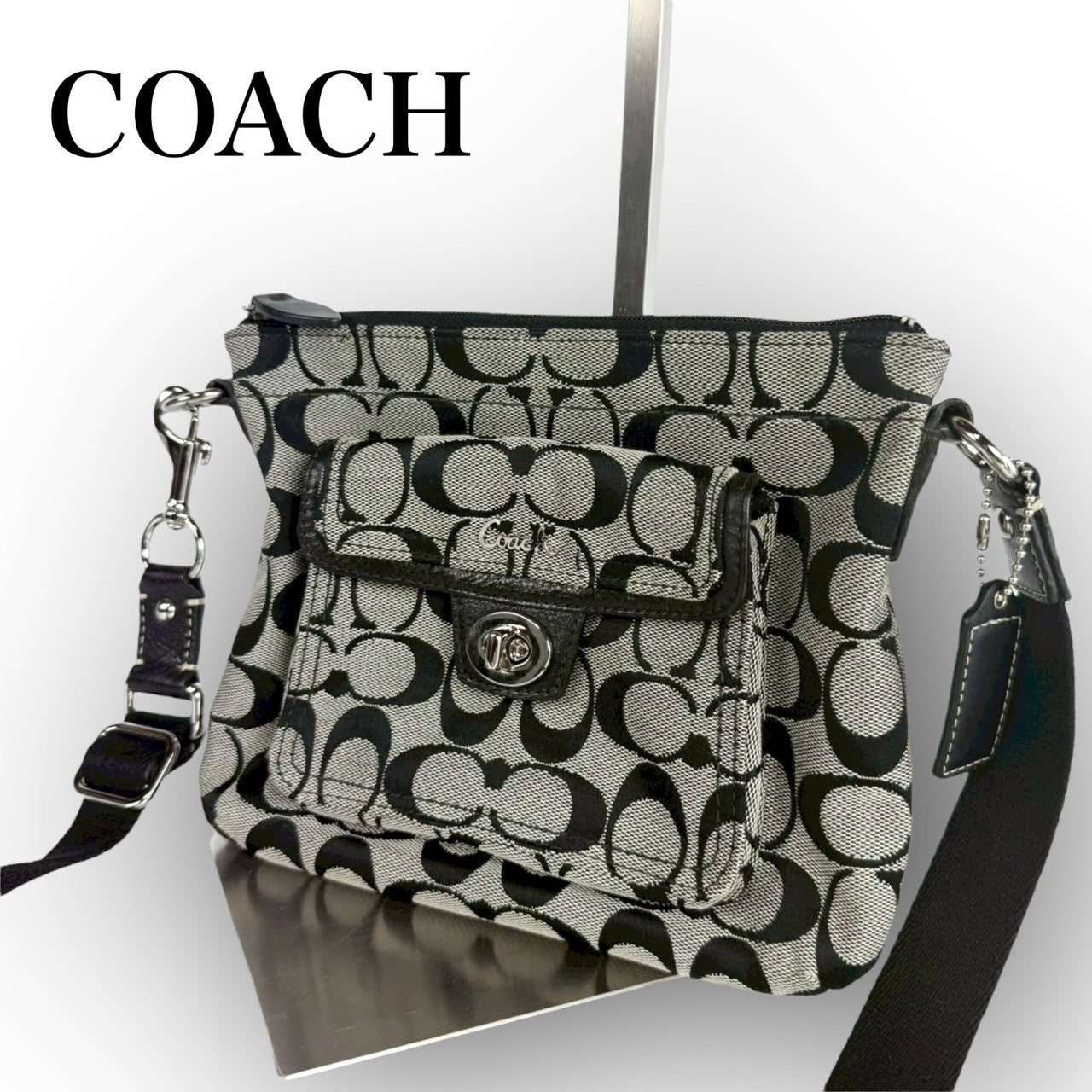 ８７ COACH コーチ ショルダーバッグ シグネチャー ブラック×グレー ミニバッグ