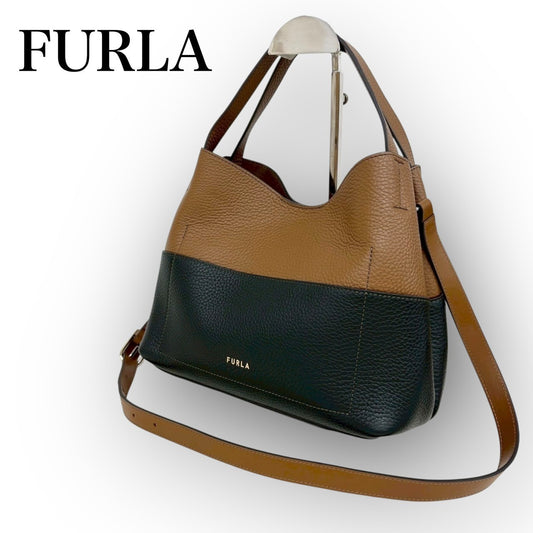 ９２ FURLA フルラ バイカラー レザー 2way ショルダーバッグ ブラウン×ブラック