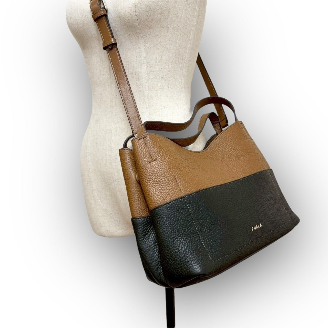 ９２ FURLA フルラ バイカラー レザー 2way ショルダーバッグ ブラウン×ブラック