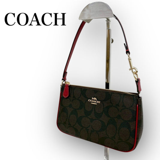 １０４ COACH コーチ ミニバッグ シグネチャー オールレザー ブラウン×レッド