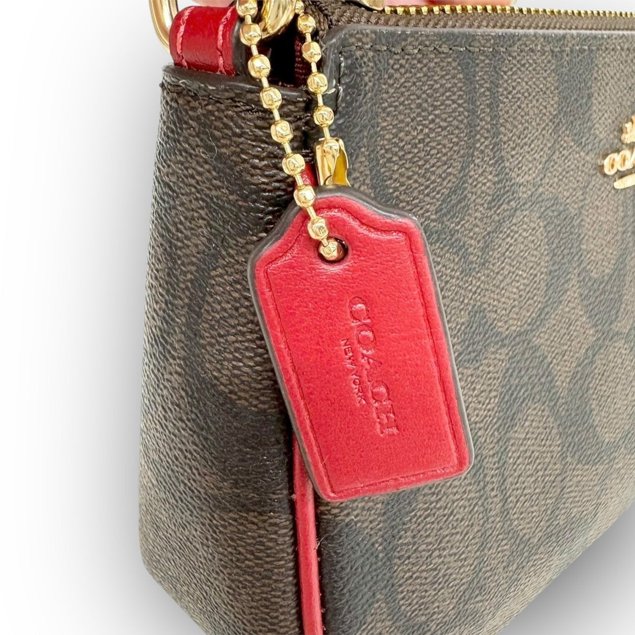 １０４ COACH コーチ ミニバッグ シグネチャー オールレザー ブラウン×レッド