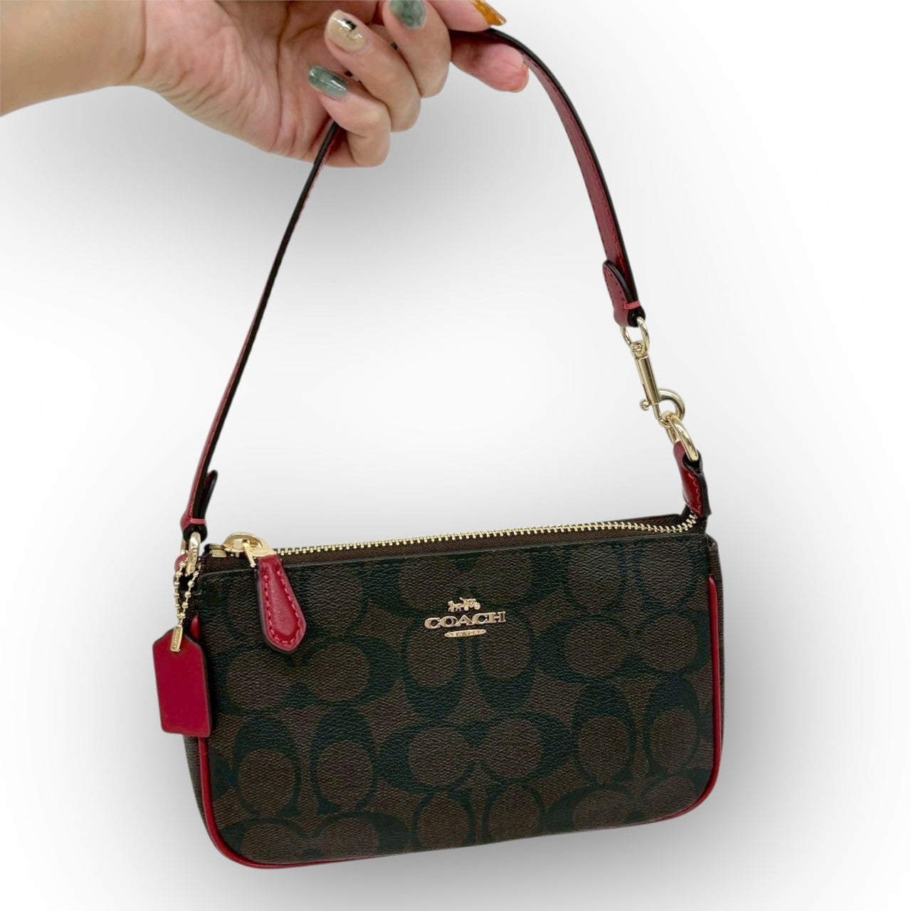 １０４ COACH コーチ ミニバッグ シグネチャー オールレザー ブラウン×レッド