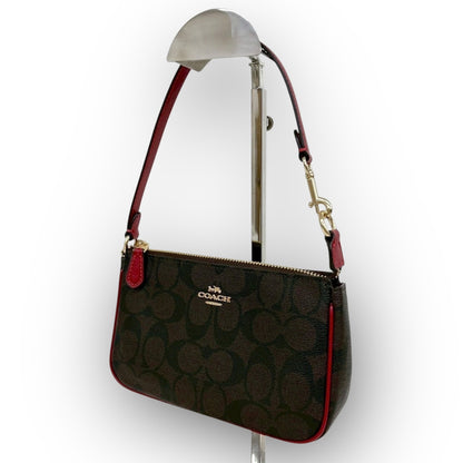 １０４ COACH コーチ ミニバッグ シグネチャー オールレザー ブラウン×レッド