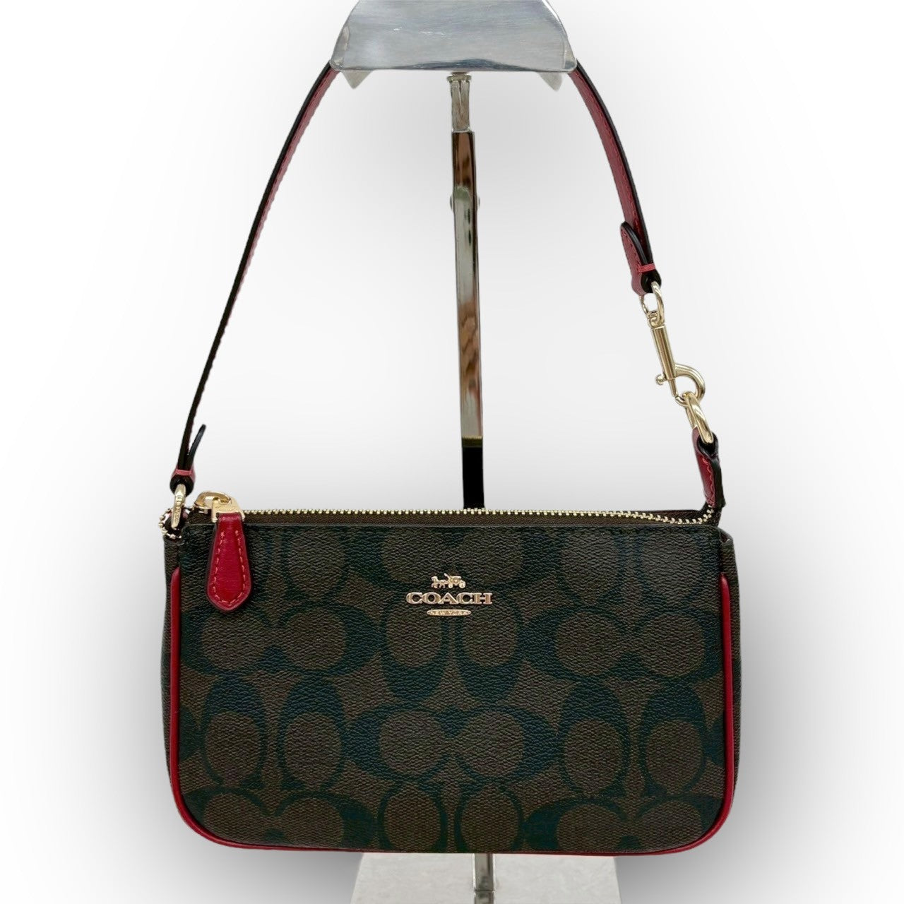 １０４ COACH コーチ ミニバッグ シグネチャー オールレザー ブラウン×レッド