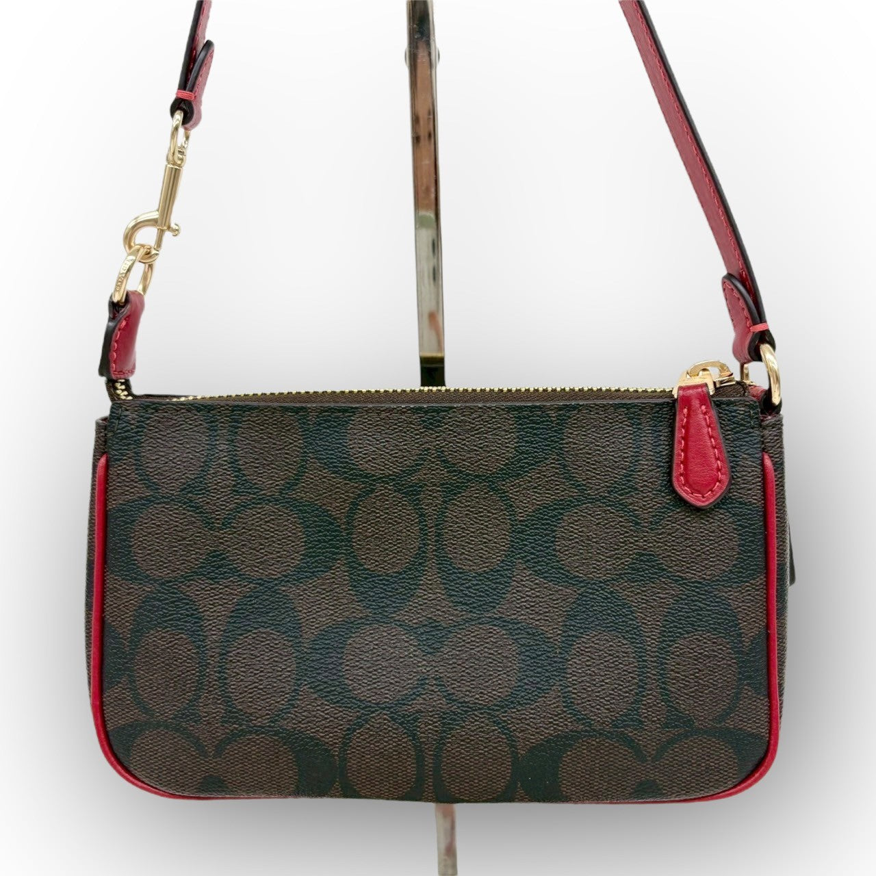 １０４ COACH コーチ ミニバッグ シグネチャー オールレザー ブラウン×レッド