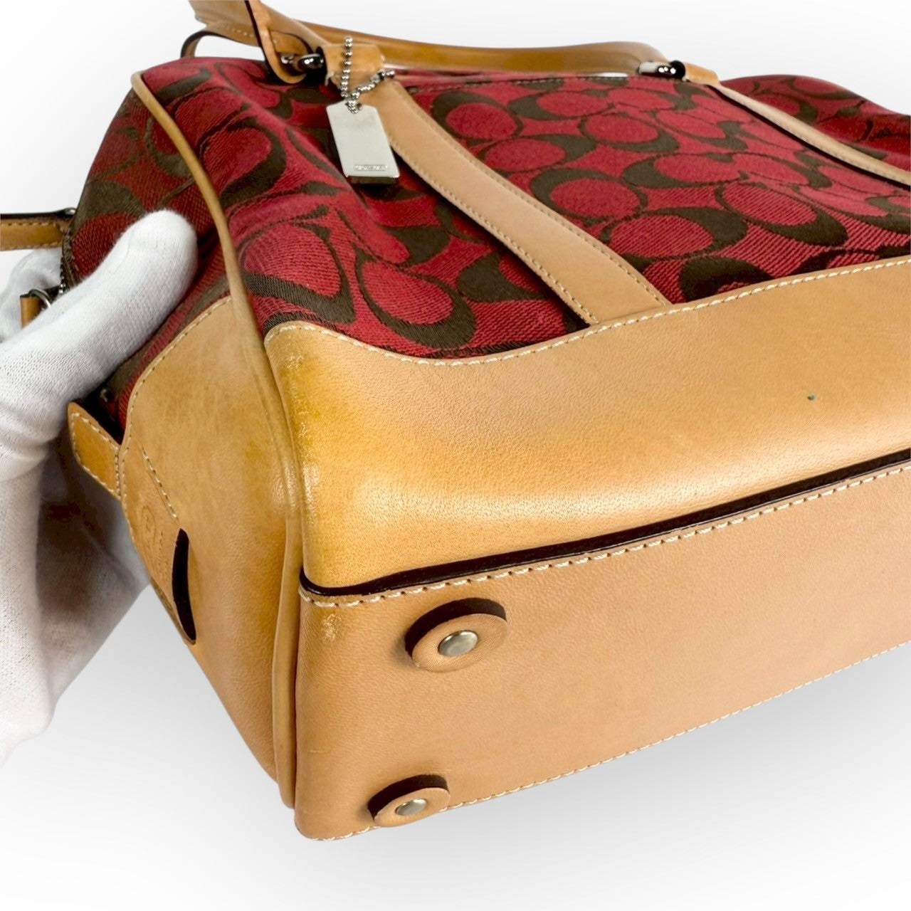 １１３ COACH コーチ ハンドバッグ シグネチャー レッド×ブラウン×ベージュ E1R 6097