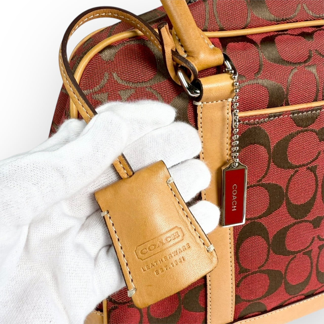 １１３ COACH コーチ ハンドバッグ シグネチャー レッド×ブラウン×ベージュ E1R 6097