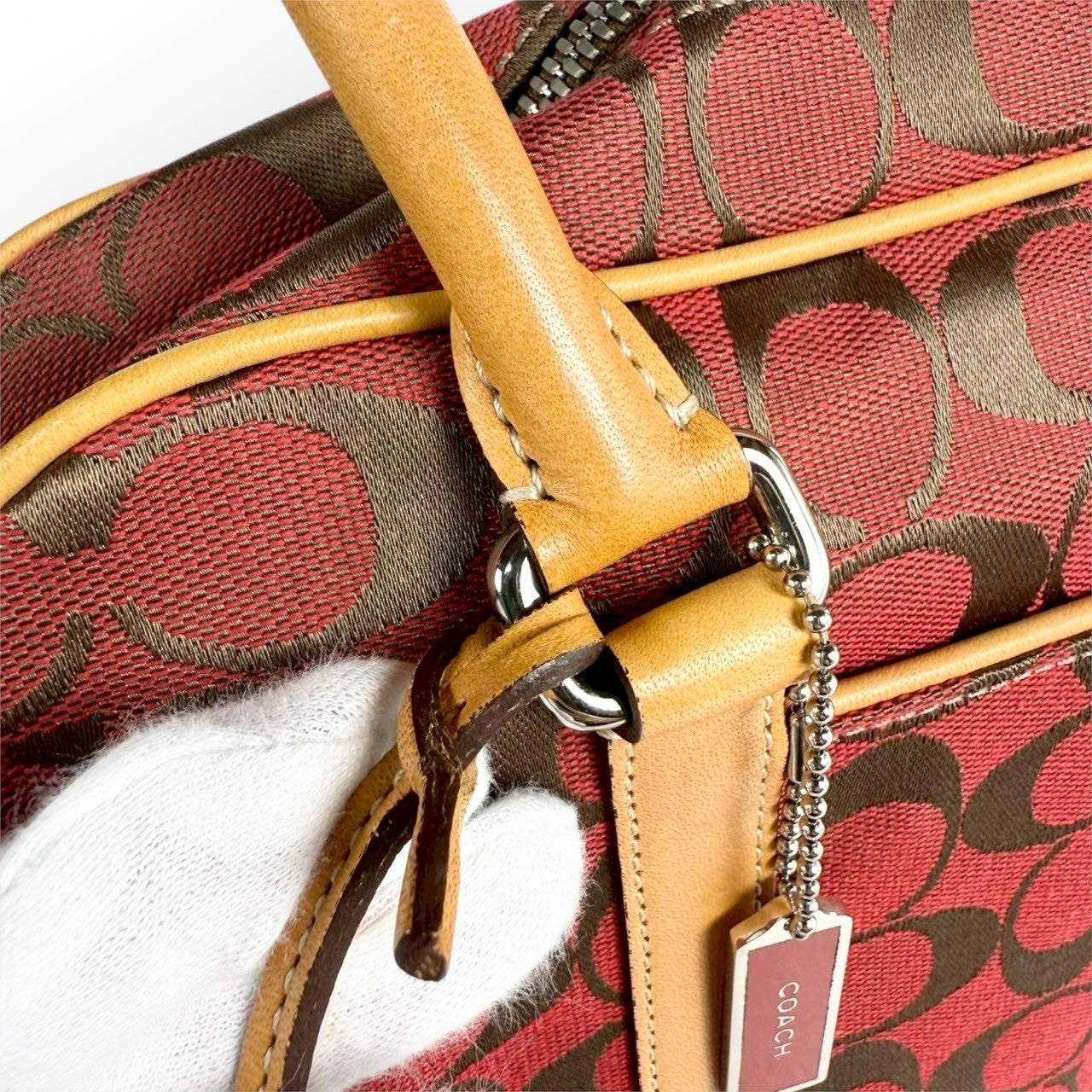 １１３ COACH コーチ ハンドバッグ シグネチャー レッド×ブラウン×ベージュ E1R 6097