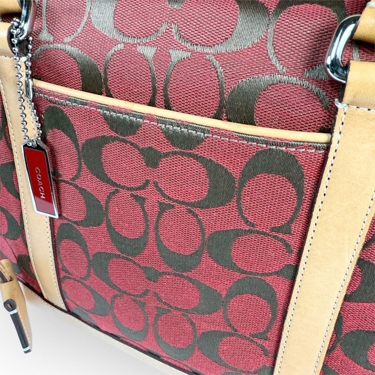 １１３ COACH コーチ ハンドバッグ シグネチャー レッド×ブラウン×ベージュ E1R 6097