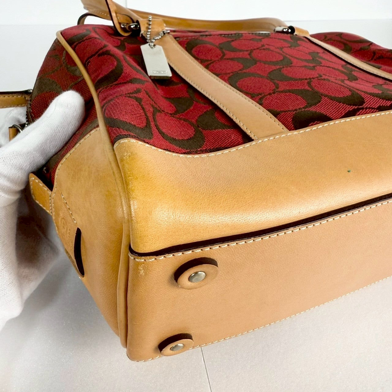 １１３ COACH コーチ ハンドバッグ シグネチャー レッド×ブラウン×ベージュ E1R 6097
